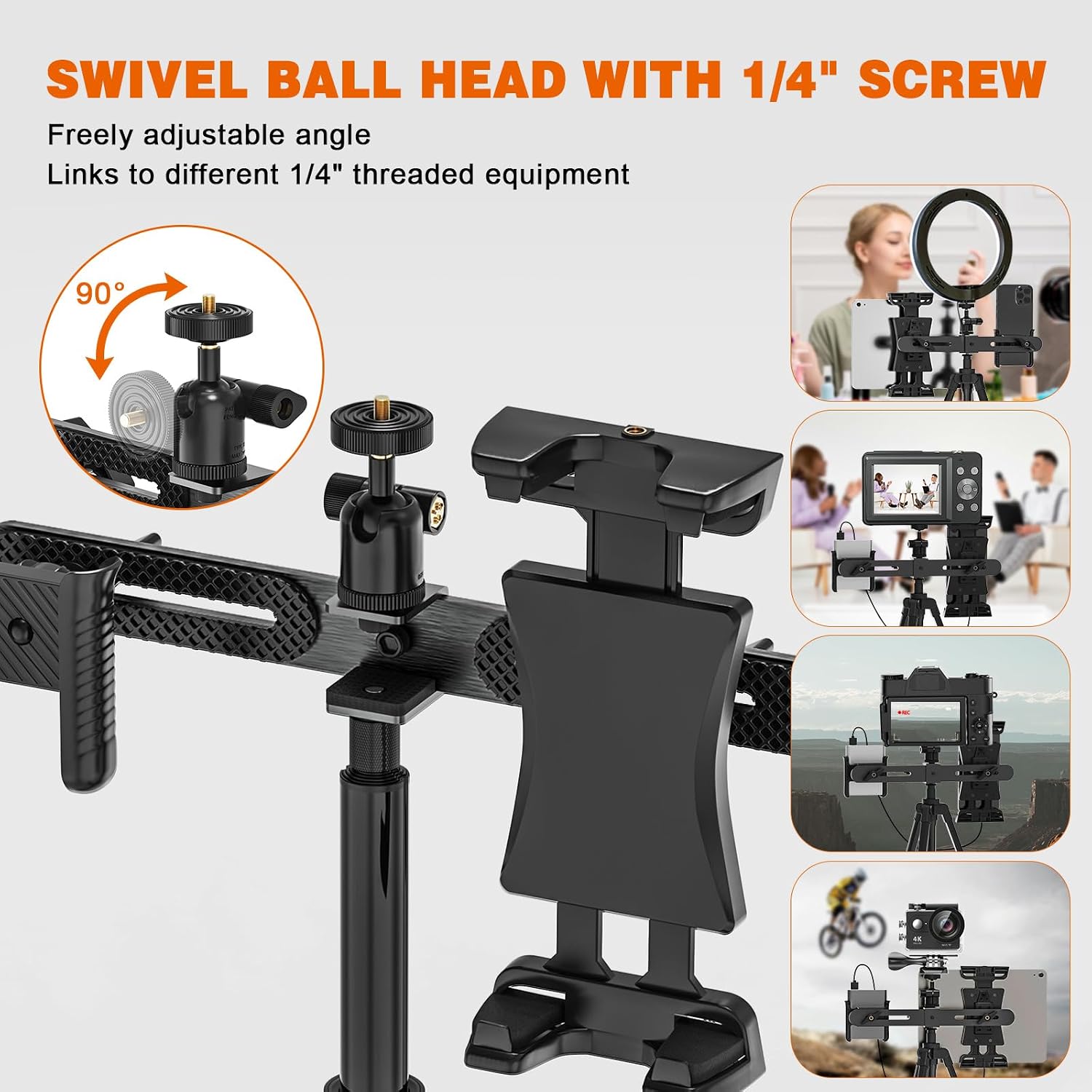 iPad Tripod Mount Adapter with 1/4 Ball Head for LED Ring Light, Microphone, and 2 Clamp Mount for iPad mini, Air, All 4.7-12.9 Lightweight Tablets and Smartphones